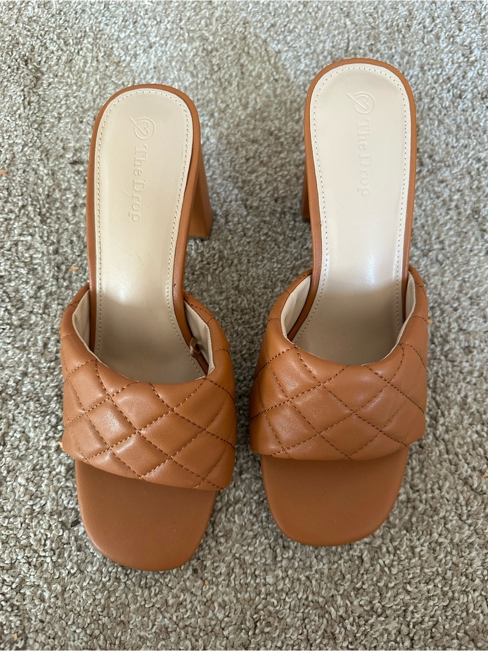 The Drop Quilted Tan Block Heel Slide